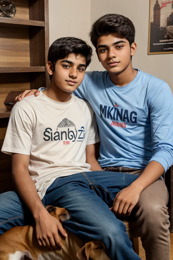 A 16 year old boy with a light beard sitting with a dog with the name Shahbaz written in the background