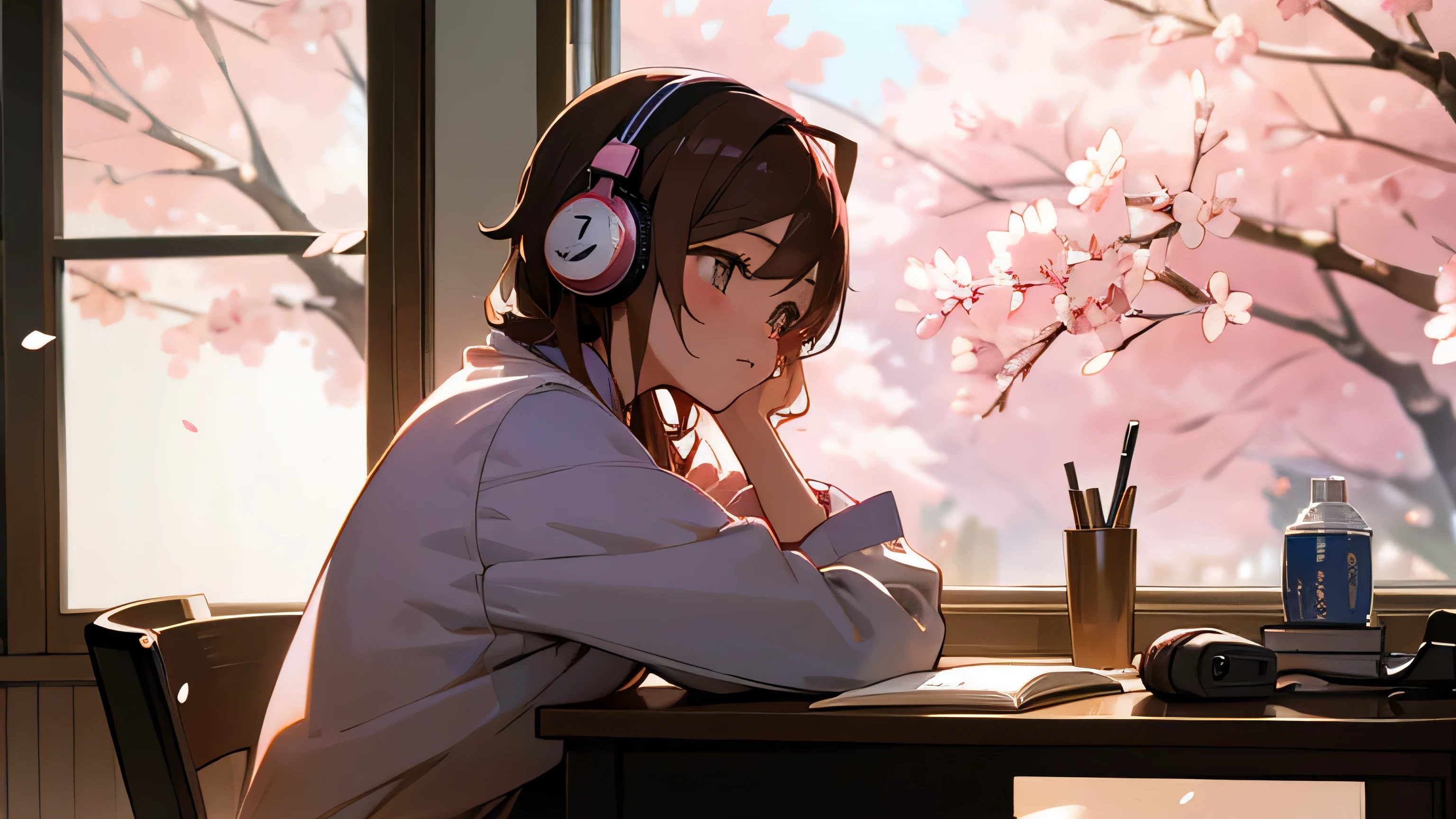 Beautiful girl studying in her room while listening to music with headphones Warm lighting Outside the room, cherry blossoms are blooming Japanese anime style