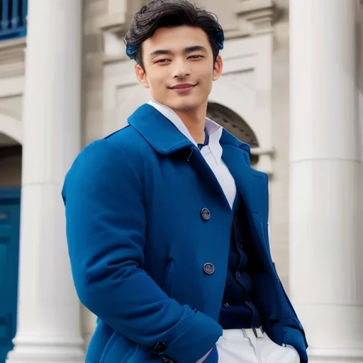 arafed man in a Blue coat and white pants posing for a picture, wearing a blue jacket, wearing blue jacket, Blue coat, blue jacket, handsome man, Asian men's style,Profile picture, แรงบันดาลใจจากhandsome man, Dmitry Prozorov style, Inspired by Nicolas Marcicano, Dressed in blue