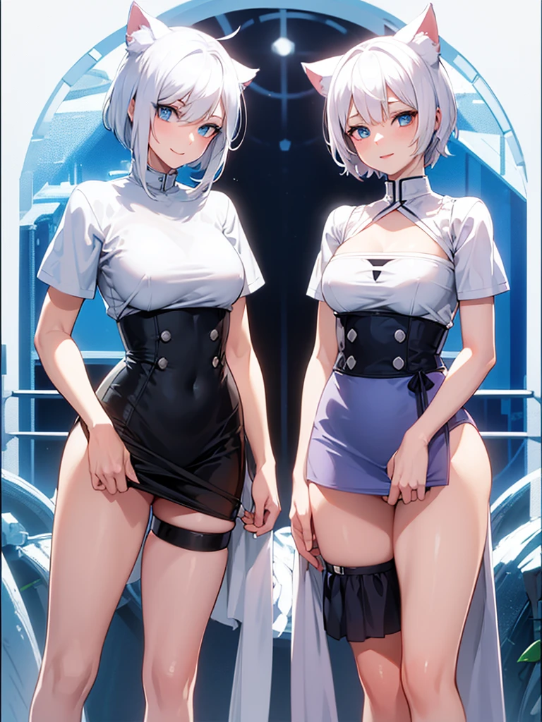 short white hair and white cat ears white t-shirt blue shortsblue eyes smile on face tail behind medium size breasts girl anime
high quality