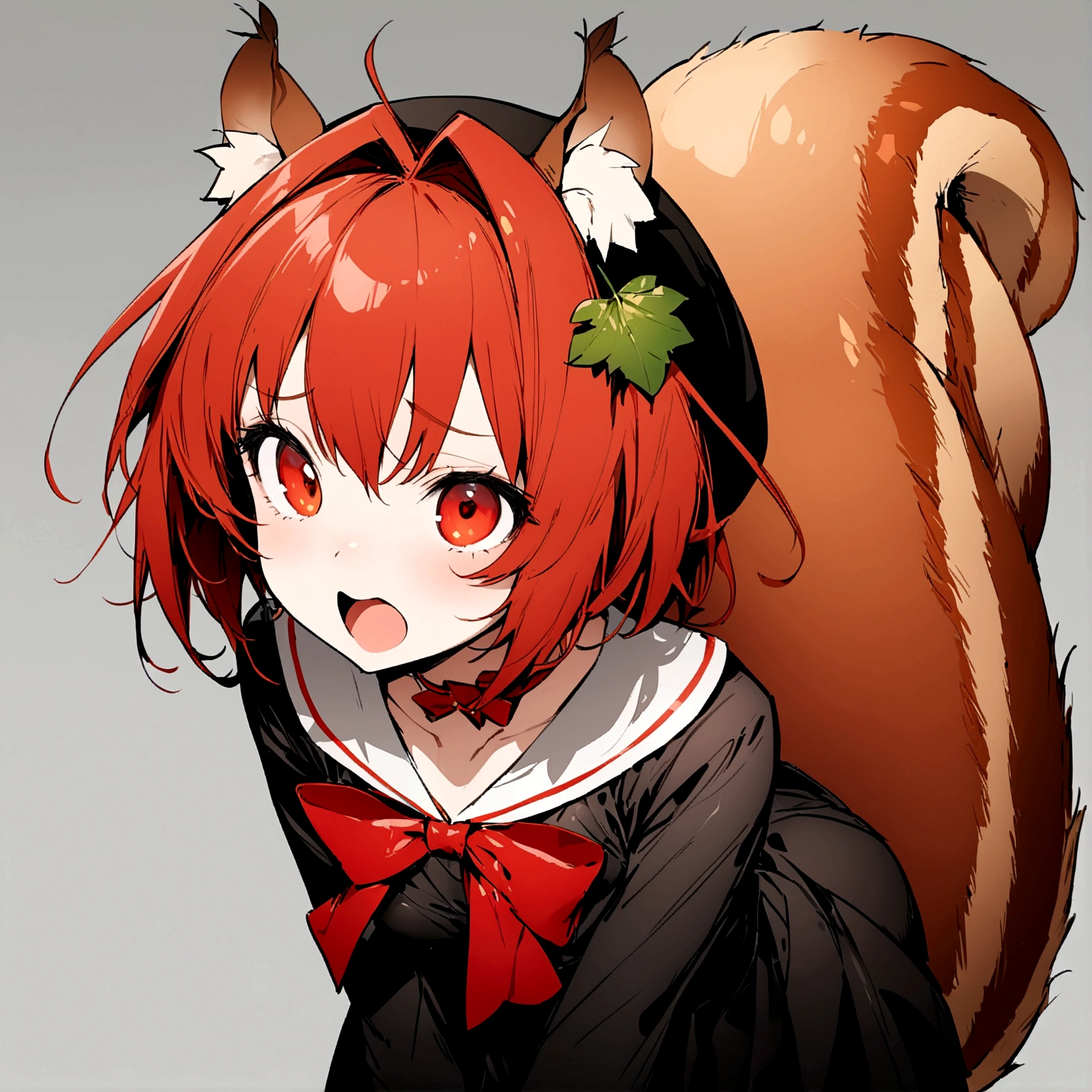 background a simple,((Masterpiece, best quality, ultra detailed)),1 girl, solo, kinomoto sakura, red long hair, squirrel girl squirrel ears squirrel tail beret leaf hair ornament red cardigan black dress red bow choker acorn,smail, open mouth