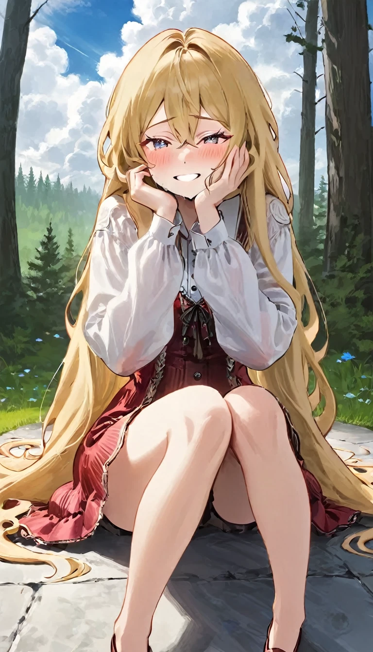 (Highest quality, masterpiece, whole body),1, line-art, tender girl, thin and narrow and long eyes, very thin face, rough-drawn eyes, very long face, extremely fluffy and curly and dense and loose flaxen long hair, sweater with stripes, low-gauge sweater, straight cheeks, droopy eyes, shadow on half of her face, detailed eyelashes, eye is located lower on face, round chin, droopy eyes, ellipse iris, messy curls, drooping eyes, straight cheeks, thin thighs, sharp face, sharp chin, sharp cheeks, portrait, nose located lower, she turns away, sharp face, elf girl, extremely pale skin, sitting in the steppe of Russia, huge dense woods behind her, cloudy sky, slender face