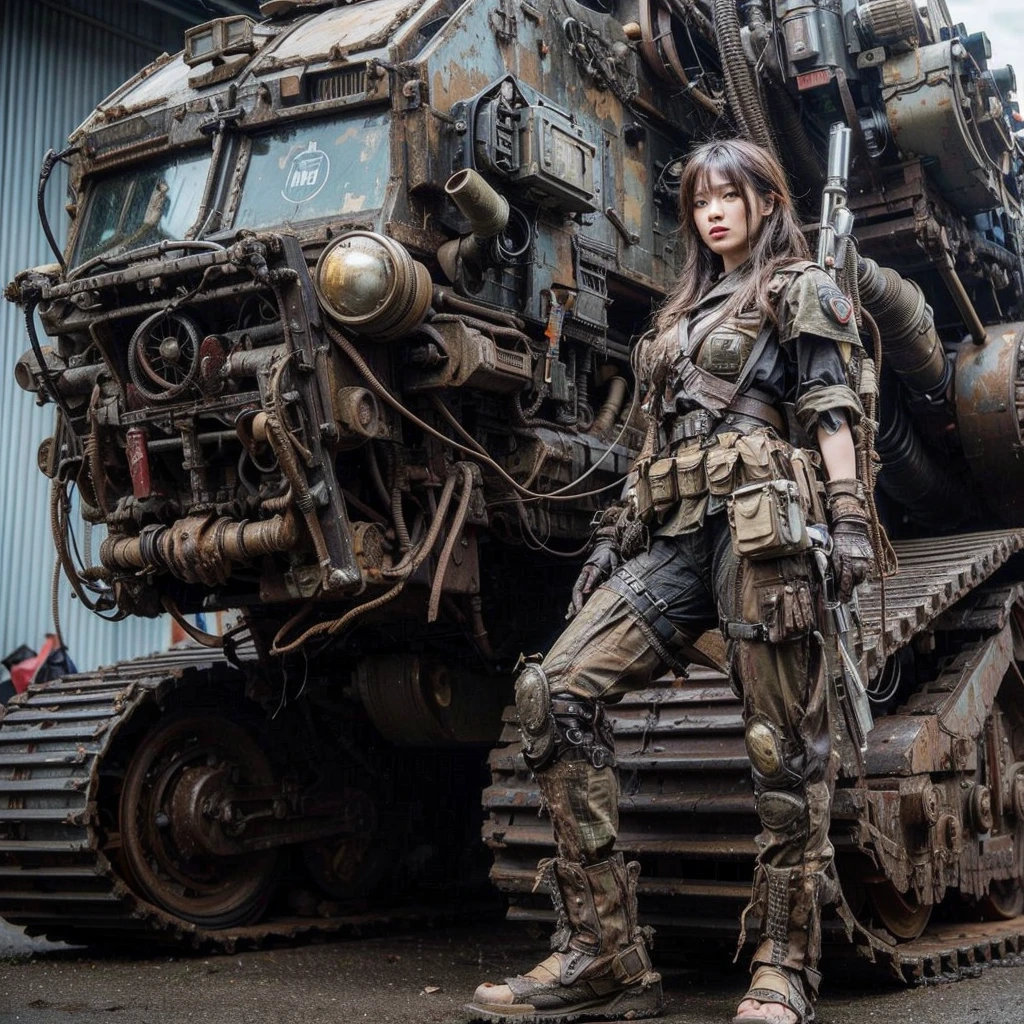 (masterpiece, best quality:1.2), (8k uhd, 16k, 32k, ultra high res), Steampunk, fictional WWII former Japanese Imperial Army armored car and cyborg Japanese female soldier, beautiful face, torn pants, dirty clothes, very intricate details, olive drab paint, peeling paint, weathering, fortress attack, realistic photo, taken with Fuji film X-T30+Nokton. HDR10