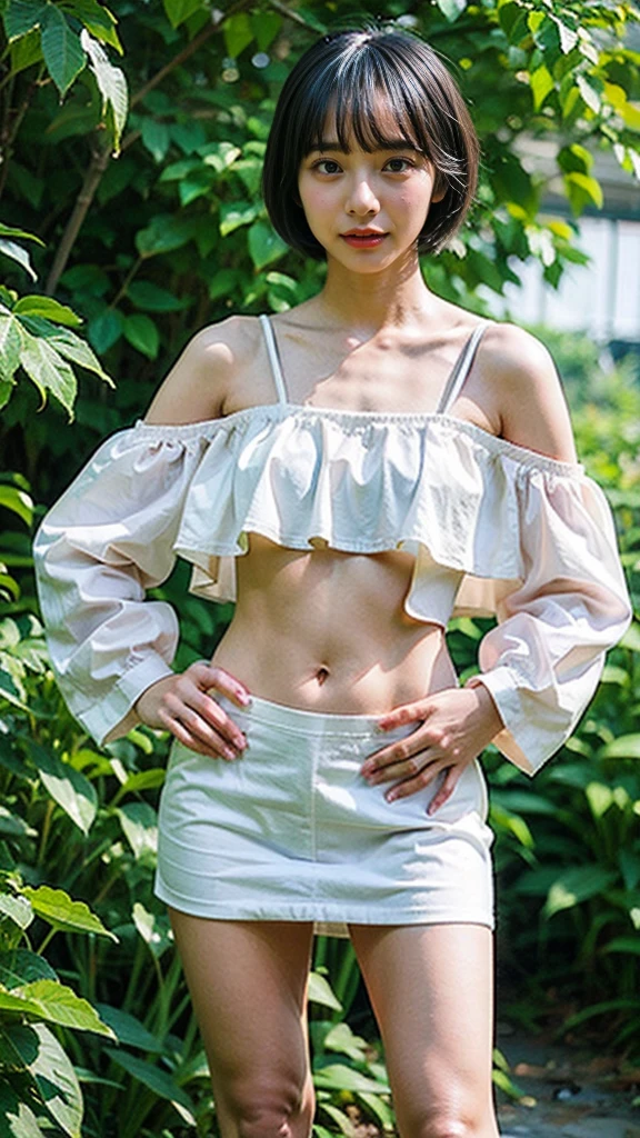 (8k、RAW Photos、highest quality、masterpiece:1.2)、(Realistic、Realistic)、1 girl、((hill、Off the shoulder、Belly button、、Black andals、See-through、Frills、Facing forward、Standing with hands on hips))、
