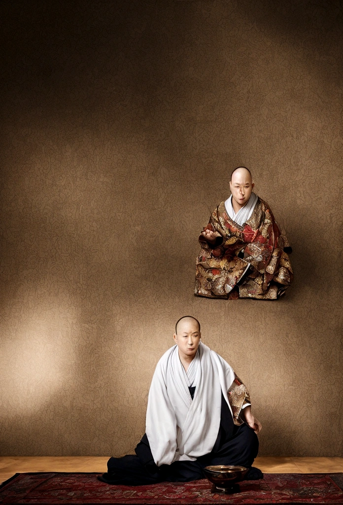 Create an image of a mysterious monk in a traditional Japanese setting. The monk has a white, painted face with intricate black markings, giving him an eerie and otherworldly appearance. He is wearing a black kimono with intricate floral patterns and is standing with his hands pressed together in a prayer position. The background is a dimly lit, traditional Japanese room with various decorations on the walls, adding to the mystical atmosphere.