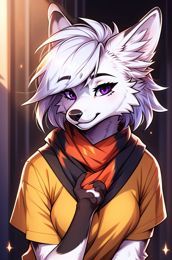 cel shading, detailed eyes, best quality, highly detailed, masterpiece, best quality, solo female, white wolf fursona, purple eyes, blunt bangs, curtain bangs, sidelocks, short hair, paw pose, bust shot, looking at viewer, white hair, tshirt, bandana around neck, straight bangs, blunt fringe, hime cut, blunted bangs