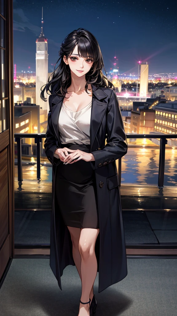 (masterpiece:1.3, Highest quality), (Realistic, photoRealistic:1.4), Beautiful illustrations, (Natural Side Lighting, Cinema Lighting), ,
Bordeaux sweater:1.3, (( 開いた茶色のcoat)), coat, Black long skirt,
View your viewers, 1 Girl, Japanese, 30 years old,Perfect Face, Cute and symmetrical face, Shiny skin,
(Updo Hair, Black Hair), Brown eyes, Long eyelashes,
Beautiful Hair, Beautiful Face, Beautiful attention to detail, Beautiful clavicle, Beautiful body, Beautiful breasts, Large Breasts,Beautiful thighs, Beautiful feet, Beautiful fingers, Slim body、
(Beautiful views), (night), (city, cityscape in the distance)、 Standing, A soft smile、(Smile, Lips parted),