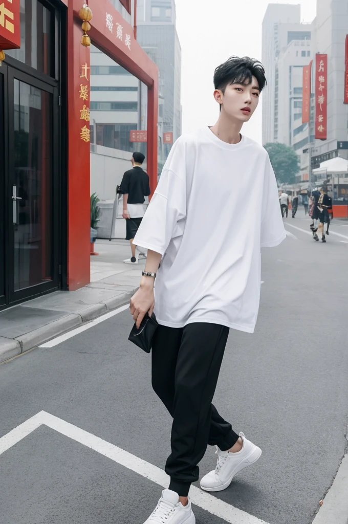 1 Chinese Beijing young men, slim. wearing oversize white T shirt then black jogger pants, full body, black short  cut, park