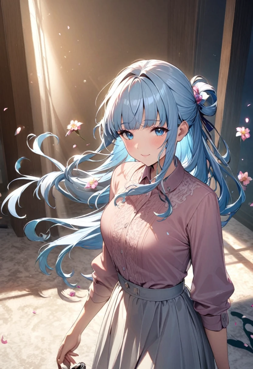 (masterpiece), (highest quality), (Super detailed),(Disheveled Hair),(figure), (One girl), (Fashionable clothes), Are standing, Fashion Model, View Viewer, (interview), (Simple Background),Beautiful fine details, Delicate and beautiful face, floating,(High chroma),(Colorful splashes),Colorful Bubbles,(The Shining), Focus on the face, ponytail, kamisato ayaka, Light blue hair, bangs, Hair Ring, Floating Flowers, Floating hair, (The Shining), Best lighting, Best Shadow,