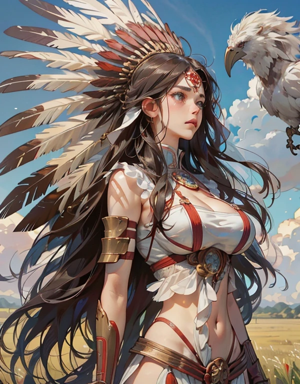 **typemoon style, marvelous, woman, Primordial warrior, Native American Armor, Pale skin, Long wavy hair, Empty Expression. In the background, There is a huge primitive bird in the field(((Full and soft breasts,)))(((Large Breasts))) (((Cleavage))),