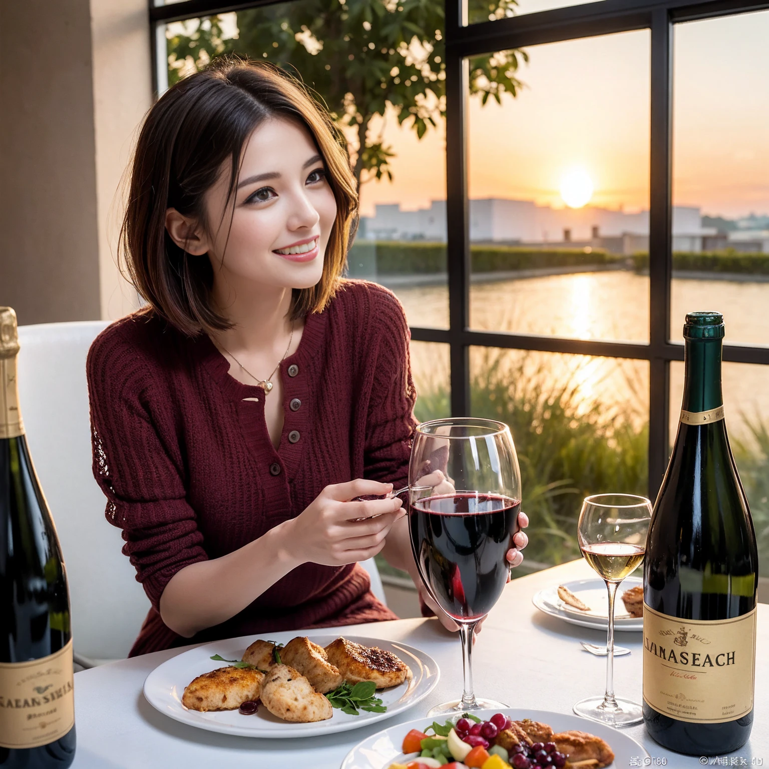 ((Highest quality、8k、masterpiece:1.3))、 (Genuineistic, Genuine、Bright image、Intricate details:1.2), Best smile 1 man 1 woman、Beautiful Couple、Lovers、Relatives and friends、actress couple、couple、Model Couple、Smile、A full-course dinner with a full table、テーブルにwine glass、 (Slim face), (The body is slim), (Brown Hair), (short hair), Please shine a light on my face、 Amazing view of the sunset sky and clouds、 (Age 43), 38 years old, red wine 、Appetizers、Wine bottle、sparkling wine、Long sleeve shirt、dress、White wine, red wine, wine glass, 