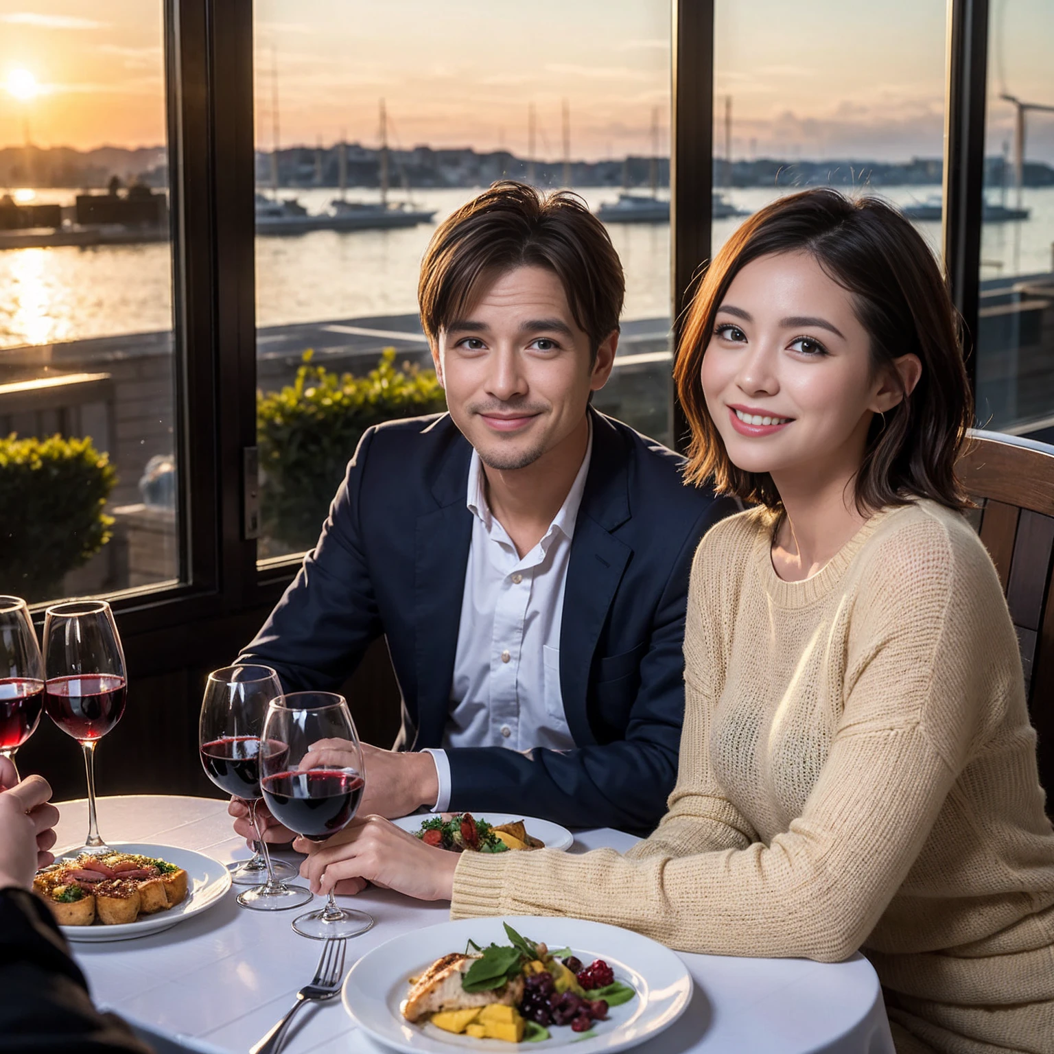 ((Highest quality、8k、masterpiece:1.3))、 (Genuineistic, Genuine、Bright image、Intricate details:1.2), Best smile 1 man 1 woman、Beautiful Couple、Lovers、Relatives and friends、actress couple、couple、Model Couple、Smile、A full-course dinner with a full table、テーブルにwine glass、 (Slim face), (The body is slim), (Brown Hair), (short hair), Please shine a light on my face、 Amazing view of the sunset sky and clouds、 (Age 43), 38 years old, red wine 、Appetizers、Wine bottle、sparkling wine、Long sleeve shirt、dress、White wine, red wine, wine glass,