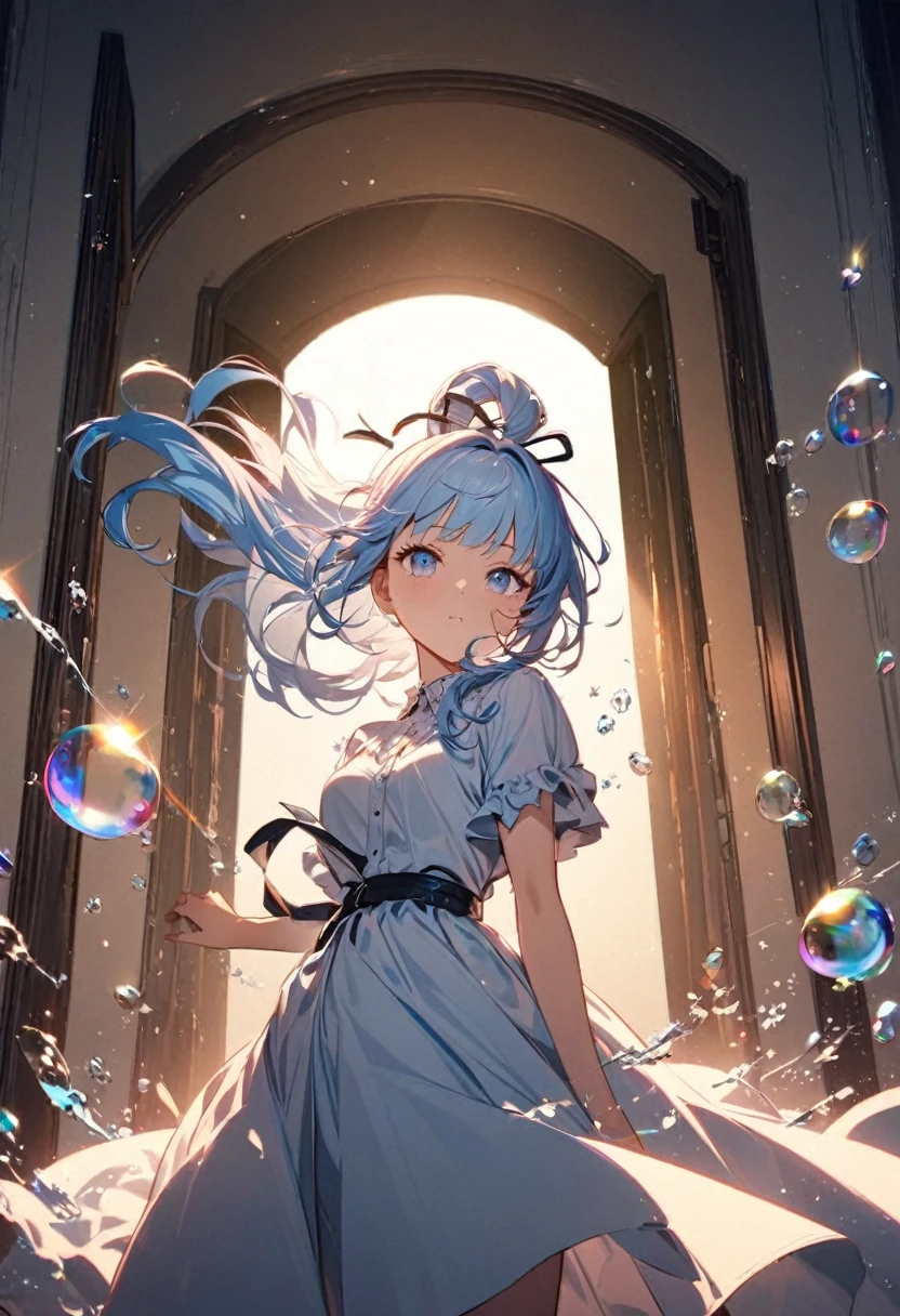 (masterpiece), (highest quality), (Super detailed),(Disheveled Hair),(figure), (One girl), (Fashionable clothes), Are standing, Fashion Model, View Viewer, (interview), (Simple Background),Beautiful fine details, Delicate and beautiful face, floating,(High chroma),(Colorful splashes),Colorful Bubbles,(The Shining), Focus on the face, ponytail, kamisato ayaka, Light blue hair, bangs, Hair Ring, Floating Flowers, Floating hair, (The Shining), Best lighting, Best Shadow,
