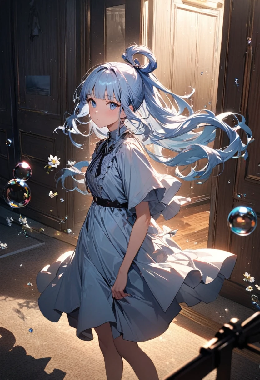 (masterpiece), (highest quality), (Super detailed),(Disheveled Hair),(figure), (One girl), (Fashionable clothes), Are standing, Fashion Model, View Viewer, (interview), (Simple Background),Beautiful fine details, Delicate and beautiful face, floating,(High chroma),(Colorful splashes),Colorful Bubbles,(The Shining), Focus on the face, ponytail, kamisato ayaka, Light blue hair, bangs, Hair Ring, Floating Flowers, Floating hair, (The Shining), Best lighting, Best Shadow,