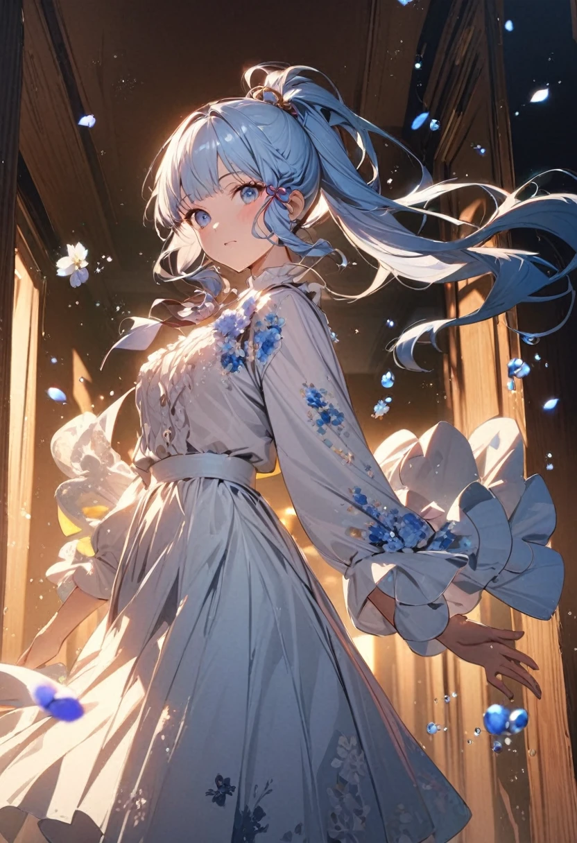 (masterpiece), (highest quality), (Super detailed),(Disheveled Hair),(figure), (One girl), (Fashionable clothes), Are standing, Fashion Model, View Viewer, (interview), (Simple Background),Beautiful fine details, Delicate and beautiful face, floating,(High chroma),(Colorful splashes),Colorful Bubbles,(The Shining), Focus on the face,  ponytail, kamisato ayaka, Light blue hair, bangs, Hair Ring, Floating Flowers, Floating hair, (The Shining), Best lighting, Best Shadow,