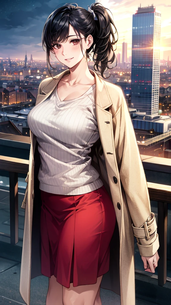 (masterpiece:1.3, Highest quality), (Realistic, photoRealistic:1.4), Beautiful illustrations, (Natural Side Lighting, Cinema Lighting), ,
Bordeaux sweater:1.3, ((Bordeaux sweater, 開いた茶色のcoat)), coat, Black long skirt,
View your viewers, 1 Girl, Japanese, 30 years old,Perfect Face, Cute and symmetrical face, Shiny skin,
(Side Ponytail, Black Hair), Brown eyes, Long eyelashes,
Beautiful Hair, Beautiful Face, Beautiful attention to detail, Beautiful clavicle, Beautiful body, Beautiful breasts, Large Breasts:0.8,Beautiful thighs, Beautiful feet, Beautiful fingers, Slim body、
(Beautiful views), (night), (city, cityscape in the distance)、 Standing, A soft smile、(Smile, Lips parted),