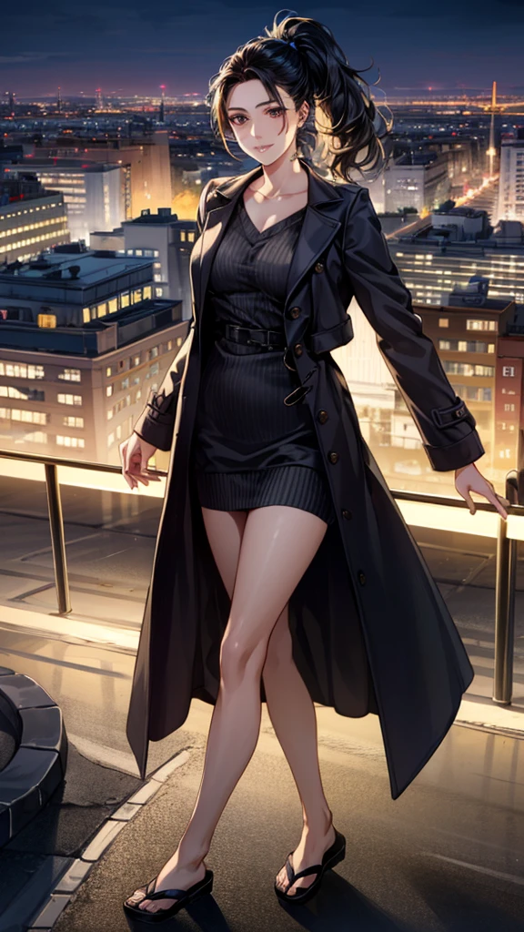(masterpiece:1.3, Highest quality), (Realistic, photoRealistic:1.4), Beautiful illustrations, (Natural Side Lighting, Cinema Lighting), ,
Bordeaux sweater:1.3, ((Bordeaux sweater, 開いた茶色のcoat)), coat, Black long skirt,
View your viewers, 1 Girl, Japanese, 30 years old,Perfect Face, Cute and symmetrical face, Shiny skin,
(Side Ponytail, Black Hair), Brown eyes, Long eyelashes,
Beautiful Hair, Beautiful Face, Beautiful attention to detail, Beautiful clavicle, Beautiful body, Beautiful breasts, Large Breasts:0.8,Beautiful thighs, Beautiful feet, Beautiful fingers, Slim body、
(Beautiful views), (night), (city, cityscape in the distance)、 Standing, A soft smile、(Smile, Lips parted),