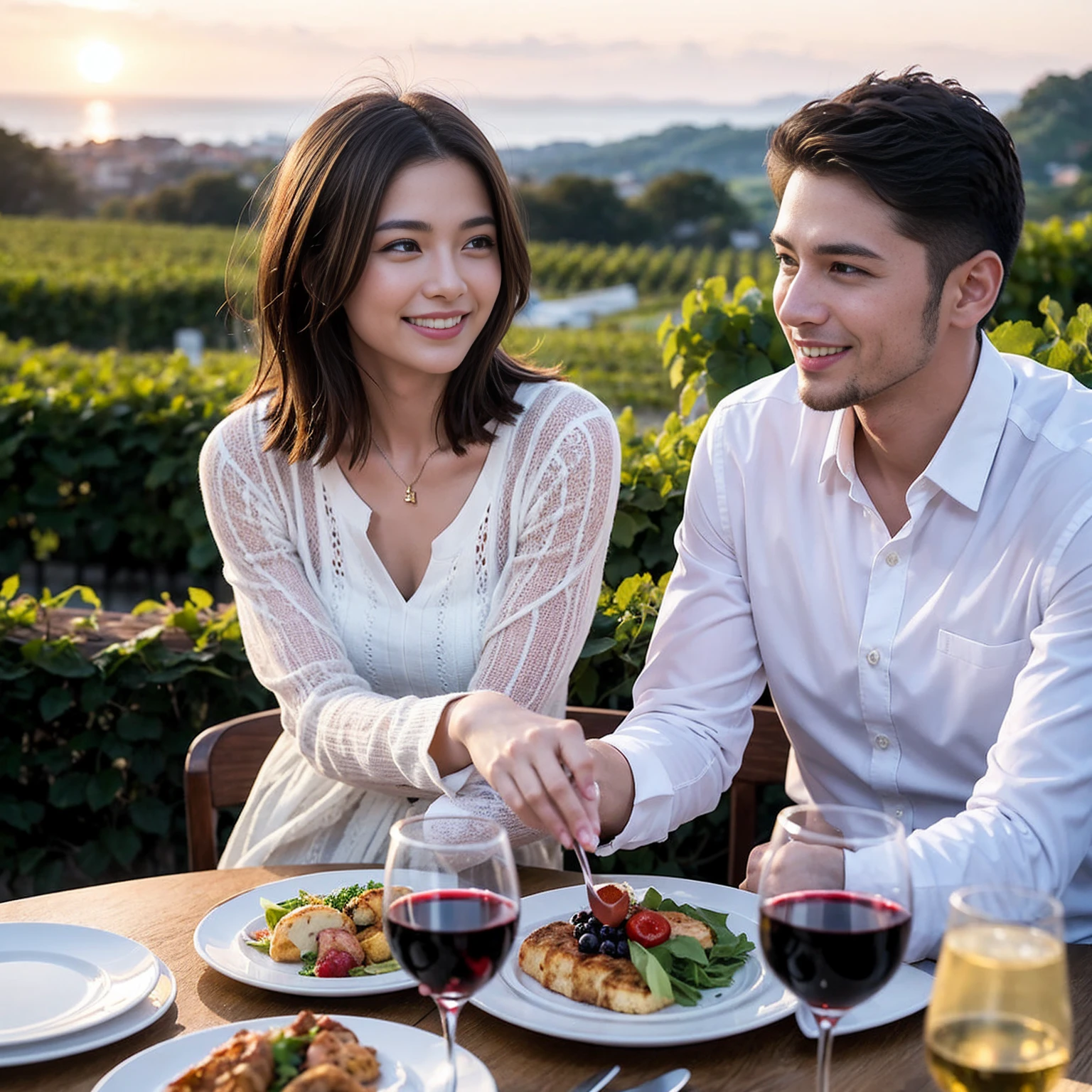 ((Highest quality、8k、masterpiece:1.3))、 (Genuineistic, Genuine、Bright image、Intricate details:1.2), 最高のsmile 男性1人 女性1人、Beautiful Couple、Lovers、Relatives and friends、spouse、actress、Model couple、smile、A full-course dinner with a full table、 (Slim face), (the body is slim), (Brown Hair), (short hair), テーブルのwine glass、Please shine a light on my face、 Amazing view of the sunset sky and clouds、 (Age 33)38 years old, red wine 、Appetizers、Wine bottle、sparkling wine、Long sleeve shirt、dress、White wine, red wine, wine glass,