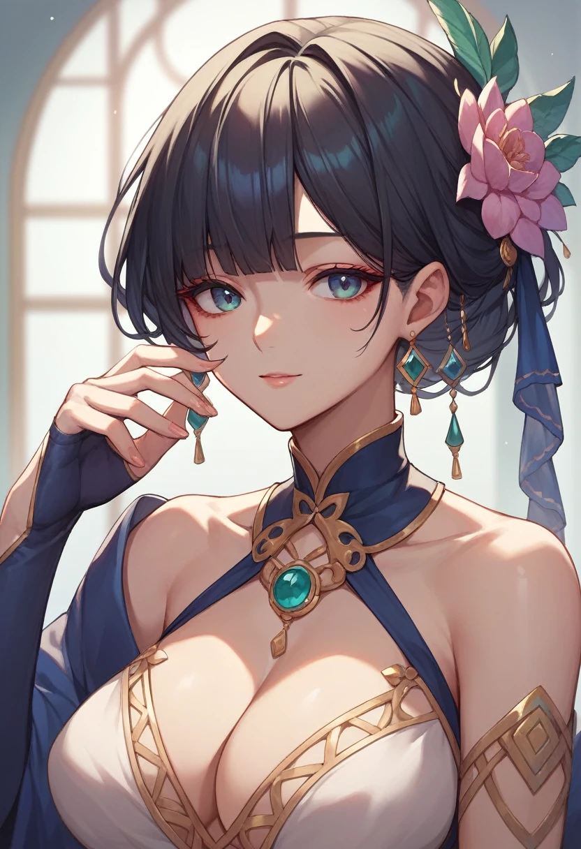 A mature woman,Long black hair,Bangs,high quality,Beautifully,masterpiece,Hanfu
