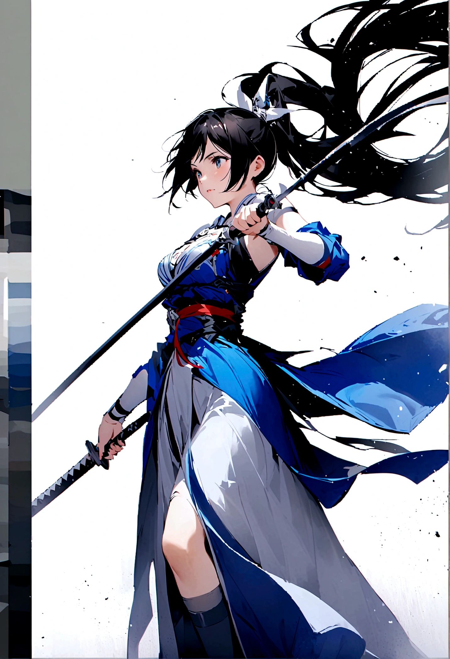 Artistic ink painting,Three-dimensional ink painting,Minimalism,Minimalist graphics,Minimal Art,Anime girl holding a sword,whole body,Chinese style,antiquity,Ink Painting,Blue robe,Black long hair,Black and white background,古韵White Space,White Space,大面积White Space,Texture Matte,Low saturation,Minimalist composition,Master composition