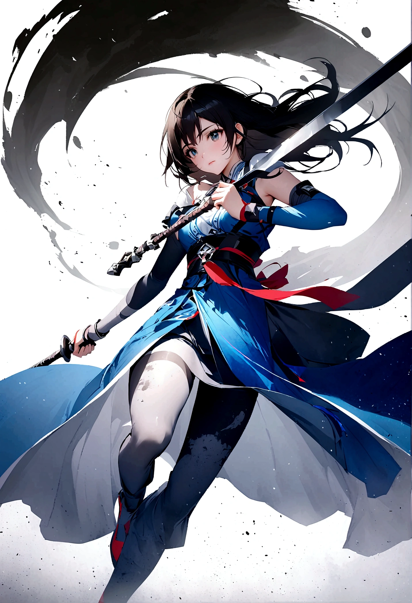 Artistic ink painting,Three-dimensional ink painting,Minimalism,Minimalist graphics,Minimal Art,Anime girl holding a sword,whole body,Chinese style,antiquity,Ink Painting,Blue robe,Black long hair,Black and white background,古韵White Space,White Space,大面积White Space,Texture Matte,Low saturation,Minimalist composition,Master composition