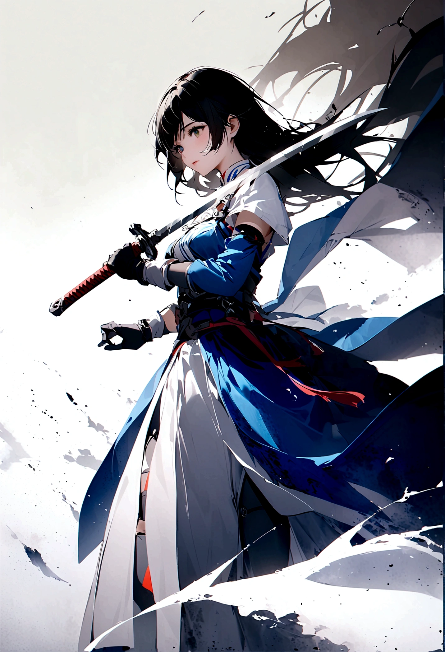 Artistic ink painting,Three-dimensional ink painting,Minimalism,Minimalist graphics,Minimal Art,Anime girl holding a sword,whole body,Chinese style,antiquity,Ink Painting,Blue robe,Black long hair,Black and white background,古韵White Space,White Space,大面积White Space,Texture Matte,Low saturation,Minimalist composition,Master composition