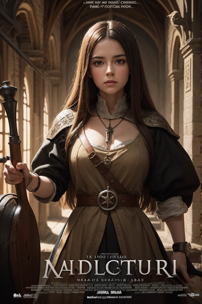 Create a movie poster where the background is part medieval and part laboratory  
