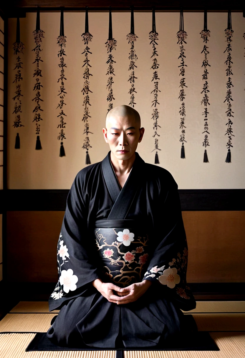 Create an image of a mysterious monk in a traditional Japanese setting. The monk has a white, painted face with intricate black markings, giving him an eerie and otherworldly appearance. He is wearing a black kimono with intricate floral patterns and is standing with his hands pressed together in a prayer position. The background is a dimly lit, traditional Japanese room with various decorations on the walls, adding to the mystical atmosphere.