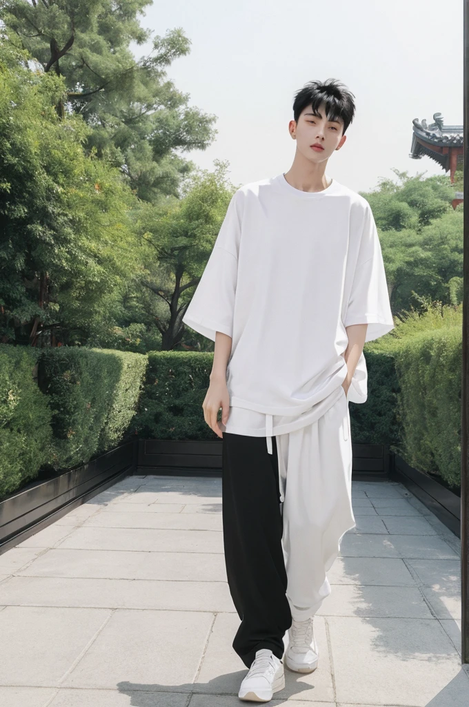  Beijing young men, slim. wearing oversize white T shirt then black jogger pants, full body, black short  cut, garden 
