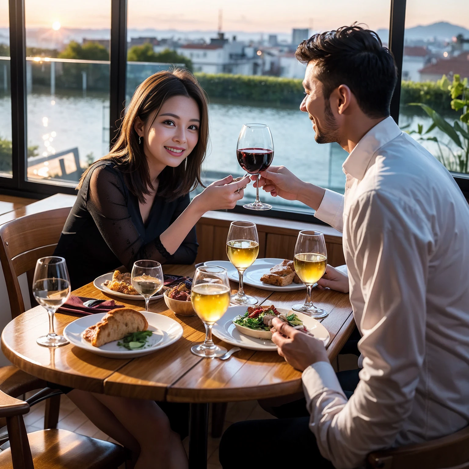 ((Highest quality、8k、masterpiece:1.3))、 (Genuineistic, Genuine、Bright image、Intricate details:1.2), Best smile 1 man 1 woman、Beautiful Couple、Lovers、Relatives and friends、actress couple、couple、Model Couple、Smile、A full-course dinner with a full table、テーブルにwine glass、 (Slim face), (The body is slim), (Brown Hair), (short hair), Please shine a light on my face、 Amazing view of the sunset sky and clouds、 (age 34), 38 years old, red wine 、Appetizers、Wine bottle、sparkling wine、Long sleeve shirt、dress、White wine, red wine, wine glass, 