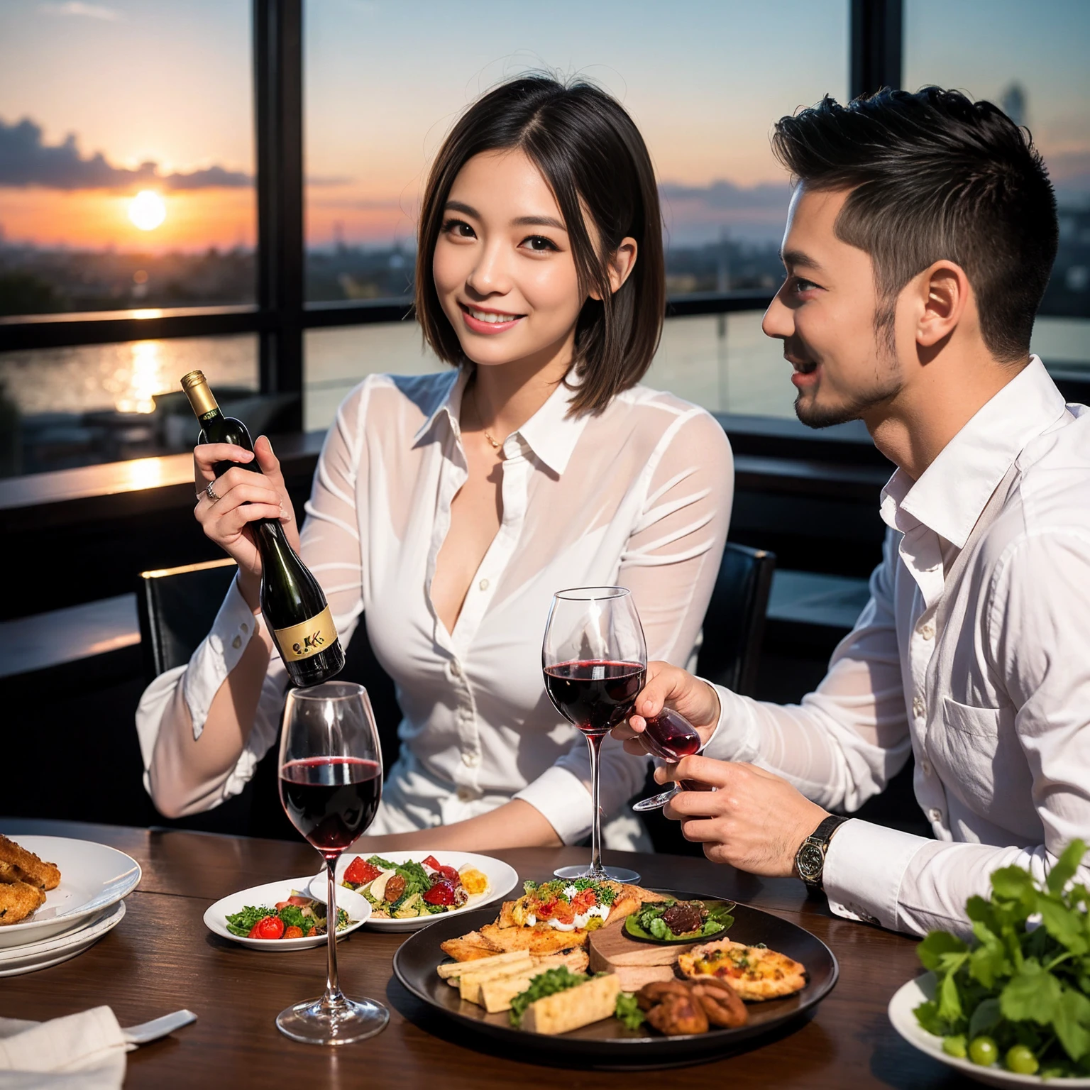 ((Highest quality、8k、masterpiece:1.3))、 (Genuineistic, Genuine、Bright image、Intricate details:1.2), Best smile 1 man 1 woman、Beautiful Couple、Lovers、Relatives and friends、actress couple、couple、Model Couple、Smile、A full-course dinner with a full table、テーブルにwine glass、 (Slim face), (The body is slim), (Brown Hair), (short hair), Please shine a light on my face、 Amazing view of the sunset sky and clouds、 (age 34), 38 years old, red wine 、Appetizers、Wine bottle、sparkling wine、Long sleeve shirt、dress、White wine, red wine, wine glass, 