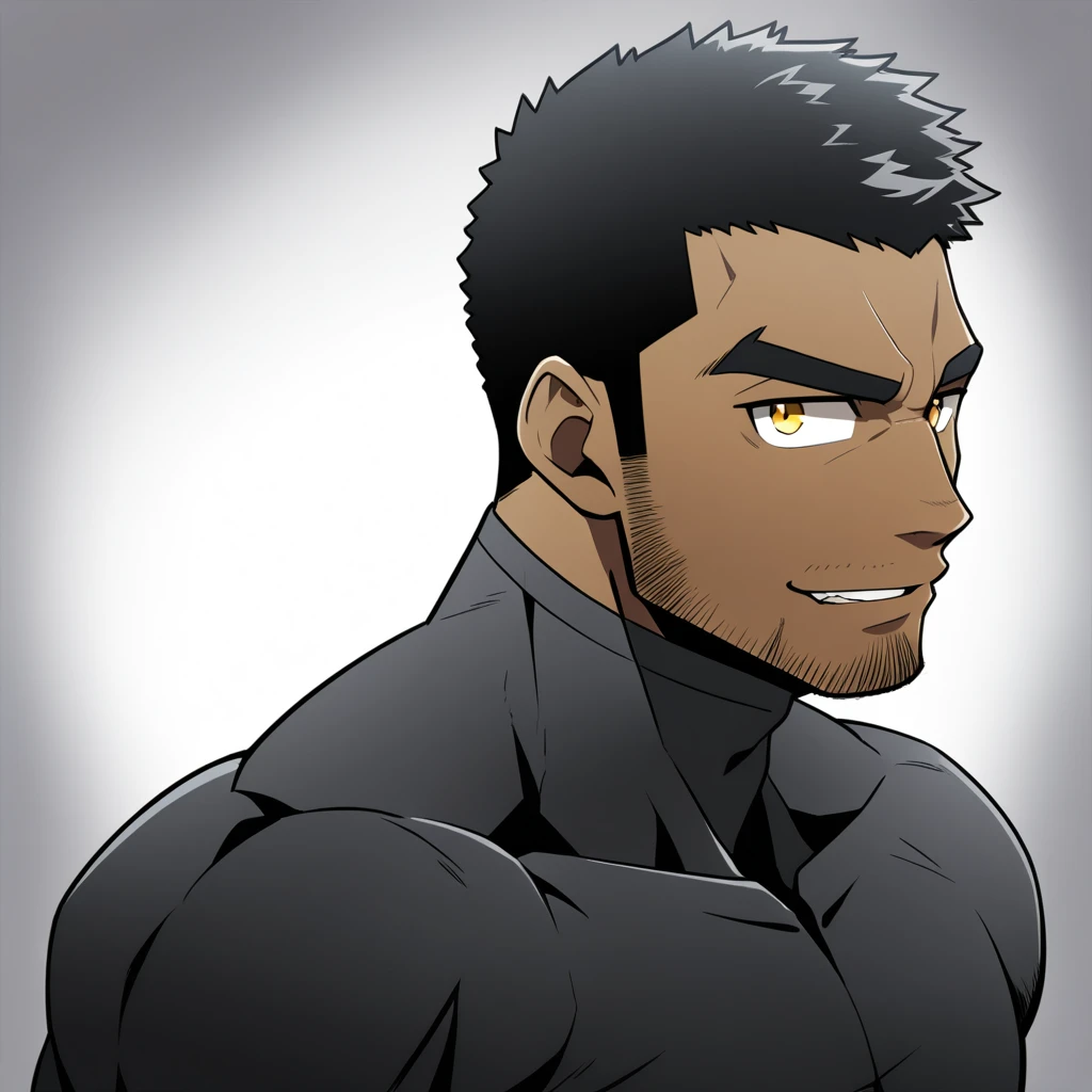 one negro, anime characters：Gyee, Hibino Kafka, Muscle Sports Student, negro black skin, Very Black, muscular tough guy, Manliness, male focus, Grey long sleeve turtleneck tight t-shirt, Regular symmetrical pattern, Very tight, muscular male, muscular, only, Upper body, alone, Black short hair, Thick eyebrows, stubble, Yellow eyes, White background, simple background, amazing quality, best aesthetics, Ridiculous, bright pupils, crew cut, parted lips, seductive smile, torogao, naughty face, best quality