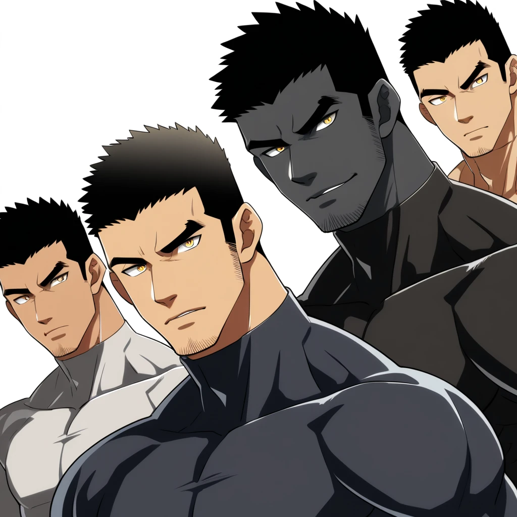 one negro, anime characters:Gyee, Hibino Kafka, Muscle Sports Student, negro black skin, Very Black, muscular tough guy, Manliness, male focus, Grey long sleeve turtleneck tight t-shirt, Regular symmetrical pattern, Very tight, muscular male, muscular, only, Upper body, alone, Black short hair, Thick eyebrows, stubble, Yellow eyes, White background, simple background, amazing quality, best aesthetics, Ridiculous, bright pupils, crew cut, parted lips, seductive smile, torogao, naughty face, best quality