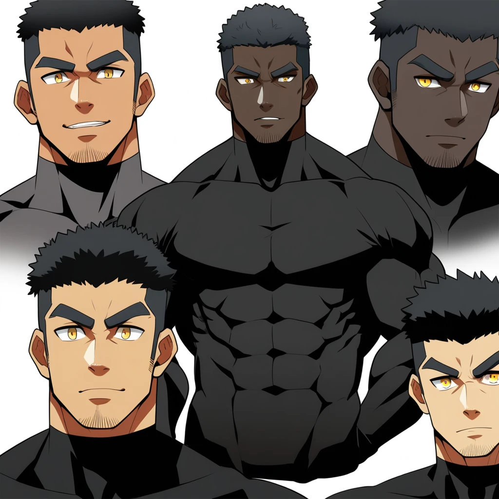 one negro, anime characters：Gyee, Hibino Kafka, Muscle Sports Student, negro black skin, Very Black, muscular tough guy, Manliness, male focus, Grey long sleeve turtleneck tight t-shirt, Regular symmetrical pattern, Very tight, muscular male, muscular, only, Upper body, alone, Black short hair, Thick eyebrows, stubble, Yellow eyes, White background, simple background, amazing quality, best aesthetics, Ridiculous, bright pupils, crew cut, parted lips, seductive smile, torogao, naughty face, best quality