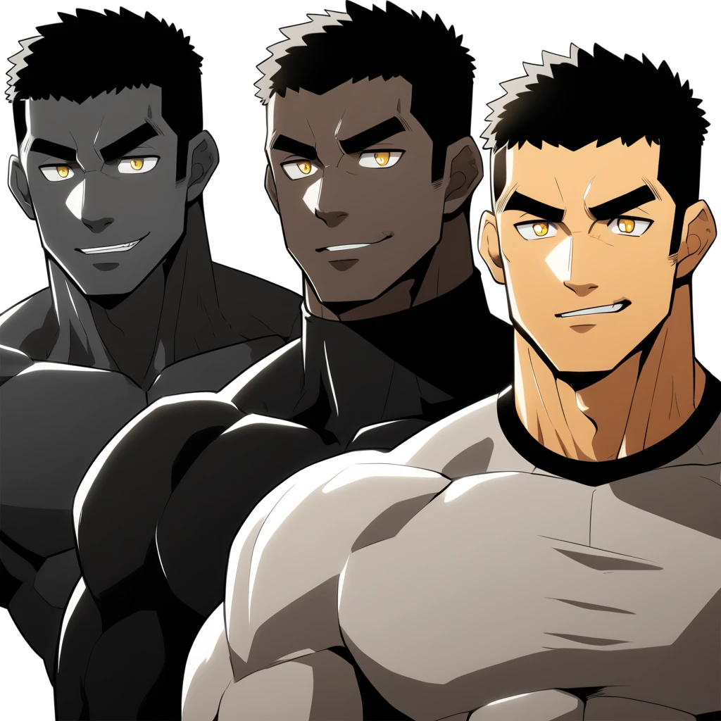 one negro, anime characters:Gyee, Hibino Kafka, Muscle Sports Student, negro black skin, Very Black, muscular tough guy, Manliness, male focus, Grey long sleeve turtleneck tight t-shirt, Regular symmetrical pattern, Very tight, muscular male, muscular, only, Upper body, alone, Black short hair, Thick eyebrows, stubble, Yellow eyes, White background, simple background, amazing quality, best aesthetics, Ridiculous, bright pupils, crew cut, parted lips, seductive smile, torogao, naughty face, best quality