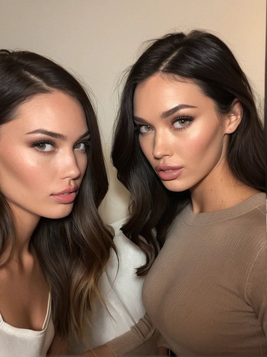 a realistic instagram photo of a [ really beautiful exotic androgynous supermodel 19 year old woman] , with [long, dark hair] , looks like [Megan FOX] and [Adriana Lima], light makeup, looking [innocent, cute, flushed] , withe her friends [ beautiful latina supermodel 25 years old womens] with [long brown hair] [light] skin --ar 9:16 --stylize 750 --v 6