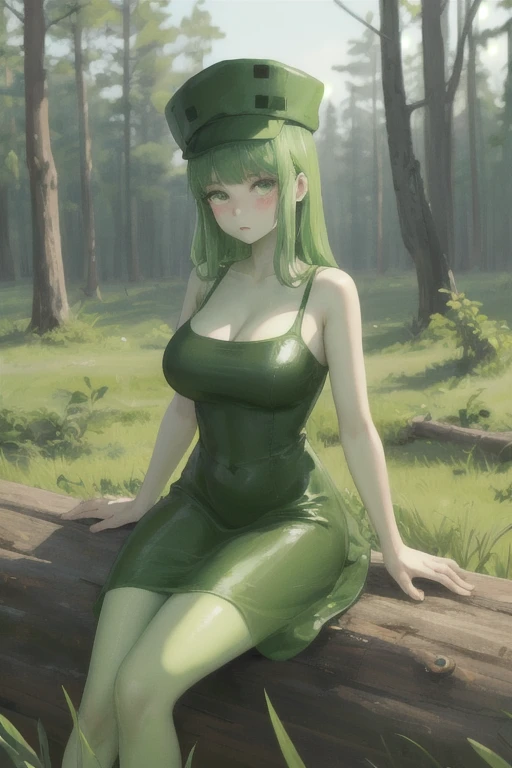 masterpiece, best quality, slim3, green skin, slime girl,blush on face,green hat,green dress,big breasts,sitting on block, grass, trees, field, nervous, furrowed brow