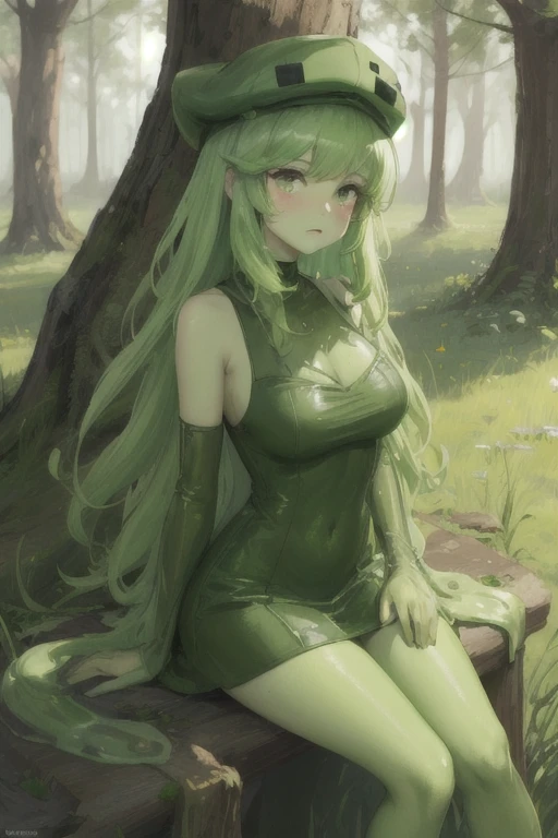 masterpiece, best quality, slim3, green skin, slime girl,blush on face,green hat,green dress,big breasts,sitting on block, grass, trees, field, nervous, furrowed brow