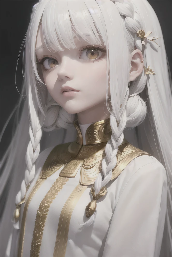 best quality, masterpiece,white hair, gold eyes,white clothes, looking up, upper body,hair strand,Fair skin,side braids