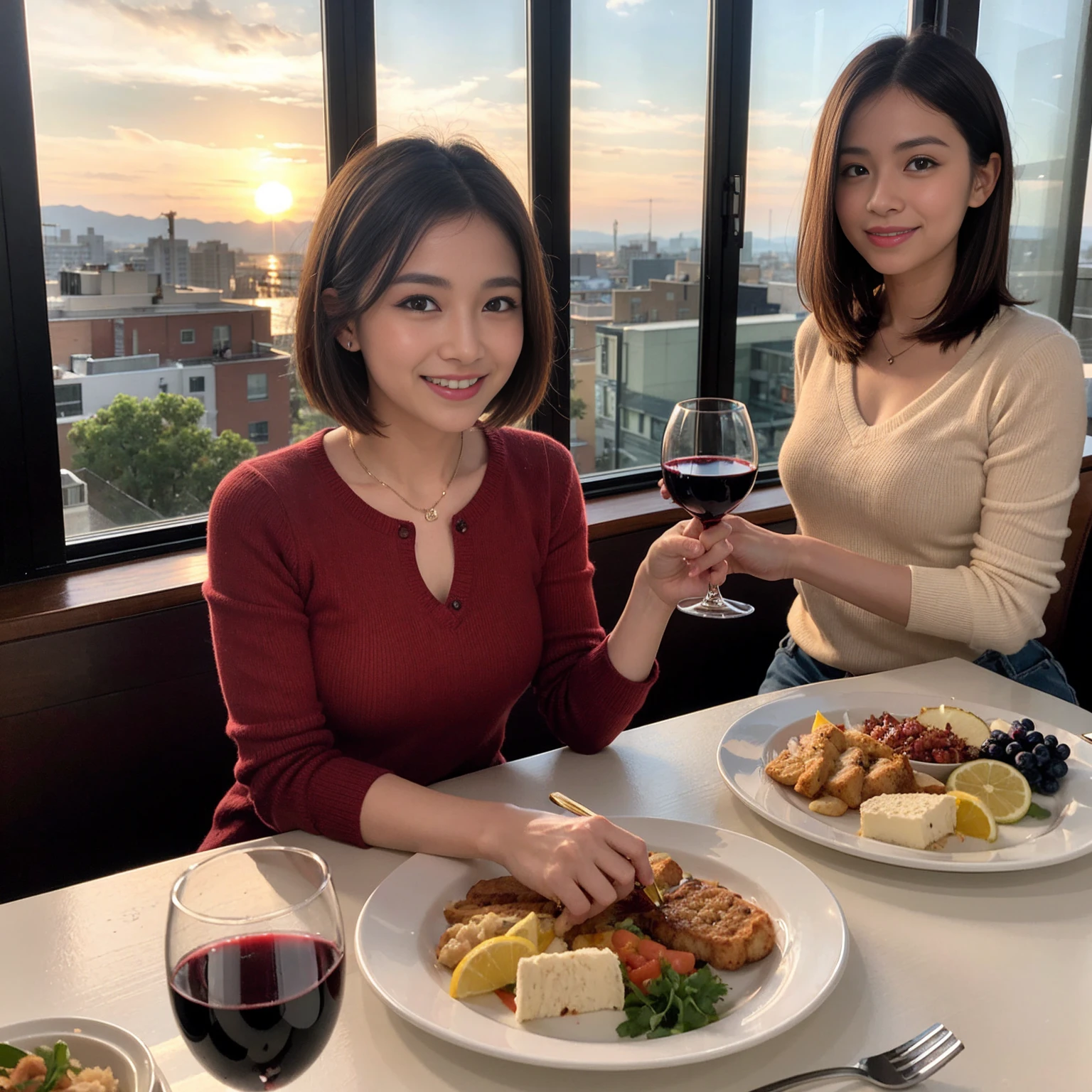 ((Highest quality、8k、masterpiece:1.3))、 (Genuineistic, Genuine、Bright image、Intricate details:1.2), 最高のsmile 男性1人 女性1人、美しいCouple、lover、Relatives and friends、actress Couple、Couple、モデルCouple、smile、Full-course dinner at a packed table、テーブルにwine glass、 (Slim face), (the body is slim), (Brown Hair), (short hair), Please shine a light on my face、 Amazing view of the sunset sky and clouds、 (age 34), 38 years old, red wine 、Appetizers、Wine bottle、sparkling wine、Long sleeve shirt、dress、White wine, red wine, wine glass, 