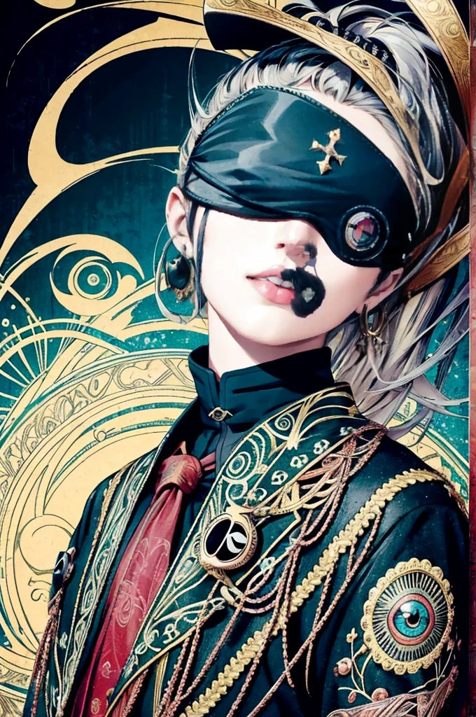 official art, unity 8k wallpaper, Super detailed, beautiful and aesthetic, masterpiece, highest quality, (zentangle, mandala, tangle, entangle), (fractal art:1.3) ,( 1 girl:1.4), (Eye Patch:1.5),very detailed, dynamic angle, cowboy shot, the most beautiful form of chaos, elegant, brutal designer, Bright colors, romanticism, Written by James Jean, robbie dowi antono, Ross Tran, francis bacon, Michael Mraz, Adrian&#39;s genius, Petra Cortright, Gerhard Richter, takato yamamoto, ashley wood, in the atmosphere, steampunk,gear