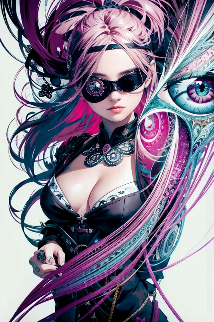 official art, unity 8k wallpaper, Super detailed, beautiful and aesthetic, masterpiece, highest quality, (zentangle, mandala, tangle, entangle), (fractal art:1.3) ,( 1 girl:1.4), (Eye Patch:1.5),very detailed, dynamic angle, cowboy shot, the most beautiful form of chaos, elegant, brutal designer, Bright colors, romanticism, Written by James Jean, robbie dowi antono, Ross Tran, francis bacon, Michael Mraz, Adrian&#39;s genius, Petra Cortright, Gerhard Richter, takato yamamoto, ashley wood, in the atmosphere, steampunk,gear