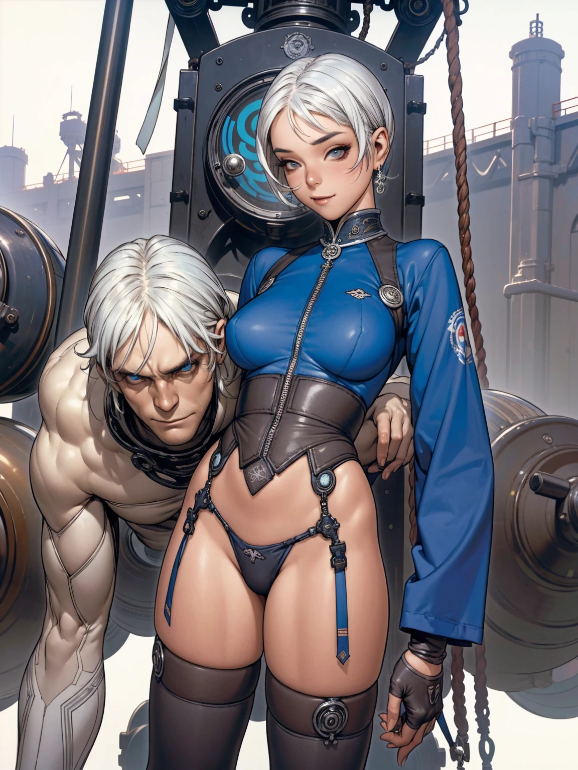 (((Marine Blue Suit))), (((white hair bob haircut))), (((devilish smile))), (((melhor qualidade: 1.4))), (((full metal))), (((DuneWalker))), (((post-apocalypse))), (Unbeatable masterpiece), (hiper HD),(CG 8k hiper-realista), 1Garota armada em um mundo futurista usando roupas coloridas e modernas. Corte de cabelo ultra moderno, perfect body with robotic parts, seios grandes, bunda perfeita, muscles without exaggeration, rosto lindo com olhos azuis penetrantes, add textures to clothes and create something different from the usual, add accessories like garter belt, espartilho e luvas com listras, pele bronzeada e com brilho de molhado, industrial environment with giant heavy machines, Intricate machinery and giant robot parts