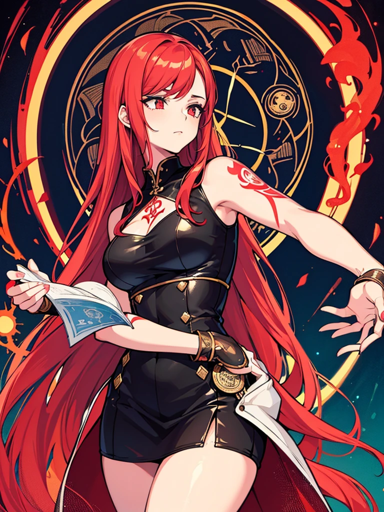 1 adult woman, depicted painting, tattoo, (cinematic), elaborate, magical power, detailed magic circle, vibrant red color,
