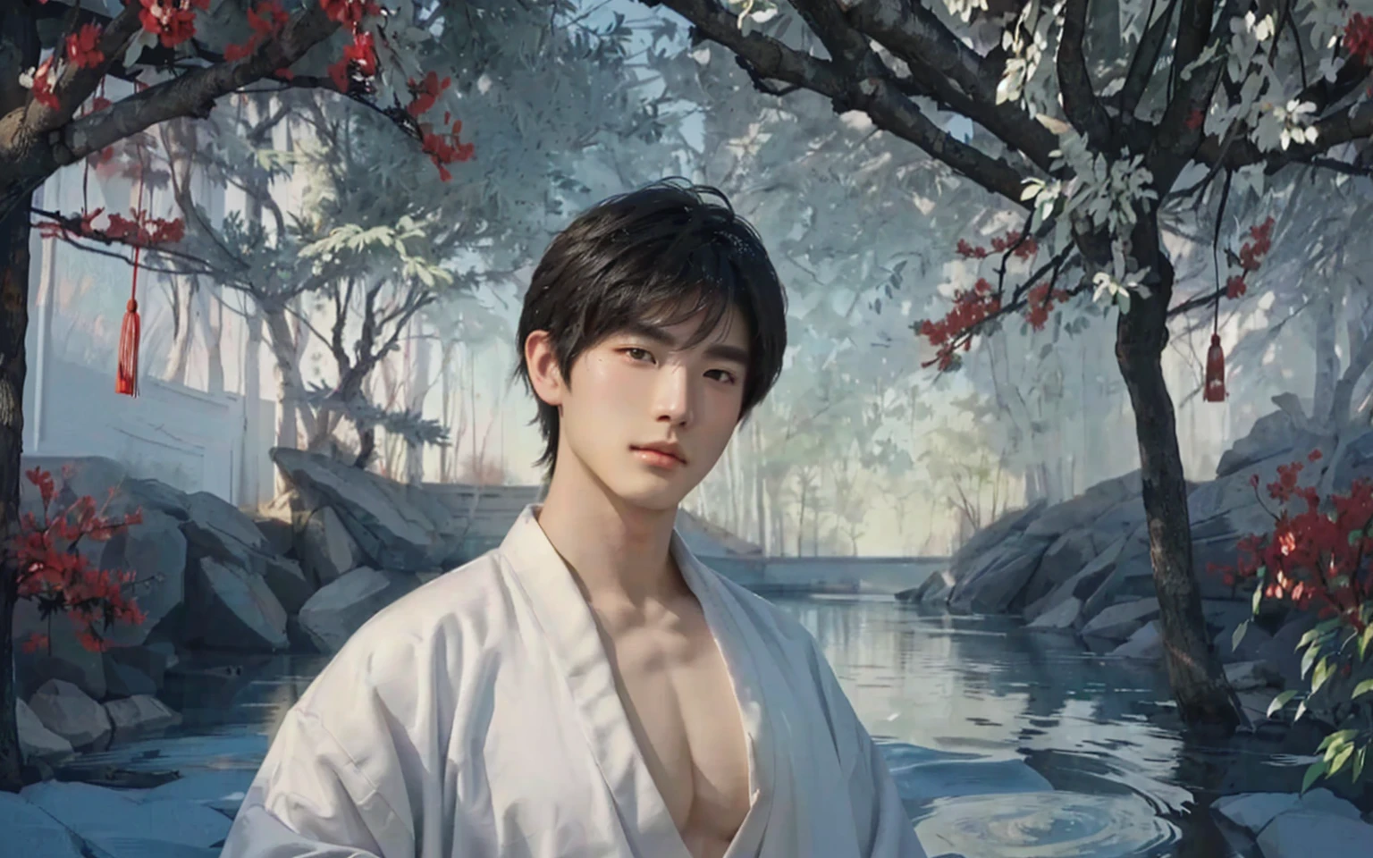 white robe good-looking boy,age boy,handsome boy,traditional Chinese painting,traditional Chinese art,(((looking at you))),(gazing at you),muscular,huge wide chest,huge plump chest