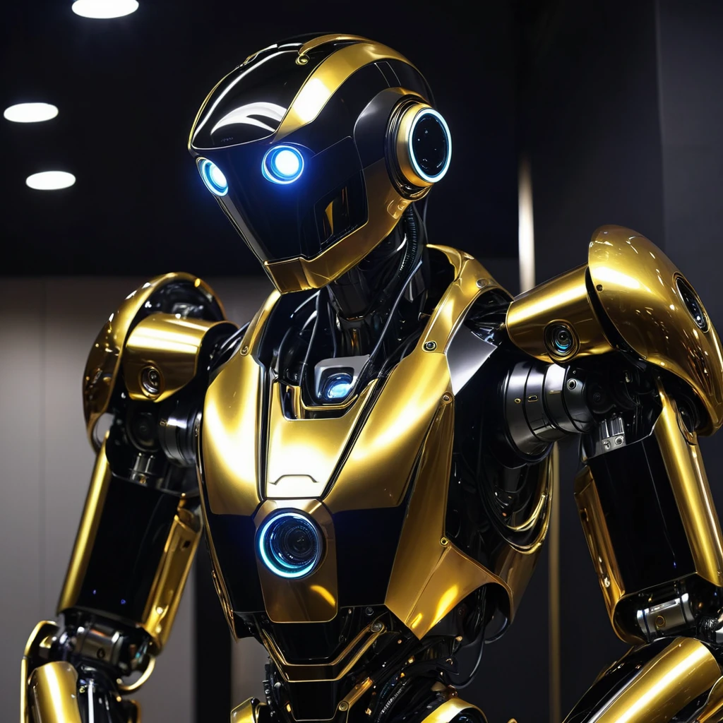 20 robot emas berkumpul di ruangan futuristic bernuansa gelap, terdapat lampu gantung berwarna emas dan hitam di atas