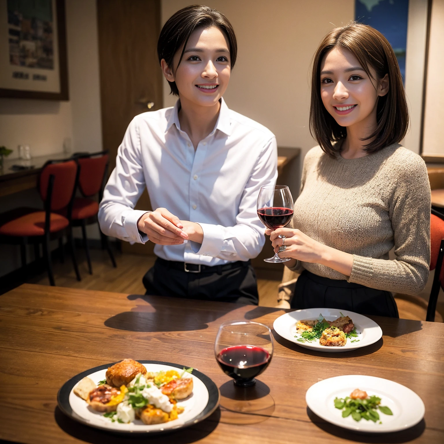 ((Highest quality、8k、masterpiece:1.3))、 (Genuineistic, Genuine、Bright image、Intricate details:1.2), 最高のsmile 男性1人 女性1人、美しいCouple、lover、Relatives and friends、actress Couple、Couple、モデルCouple、smile、Full-course dinner at a packed table、テーブルにwine glass、 (Slim face), (the body is slim), (Brown Hair), (short hair), Please shine a light on my face、 Amazing view of the sunset sky and clouds、 (age 34), 38 years old, red wine 、Appetizers、Wine bottle、sparkling wine、Long sleeve shirt、dress、White wine, red wine, wine glass,