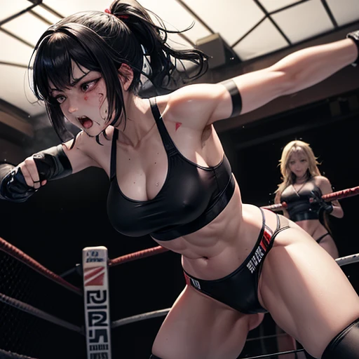 They are covered in blood. Small breasts. Intense violence. The opponent's fists are digging into her body. They are glaring at each other. The opponent's face is contorted by her punch. Dynamic action. She is suffering. She is cornered in a wire net and severely beaten by her opponent. She is wearing a sports bra and high-leg panties. Her opponent tries to kill her with a powerful punch. The two are exhausted. Two young and beautiful Japanese mixed martial artists are fighting in the octagon. They are pounding their fists into their opponents' bodies. They are open-mouthed, drooling, one eye closed, gasping for breath. They are sweating profusely. Short-cut black hair. Open-fingered gloves. Erect nipples.