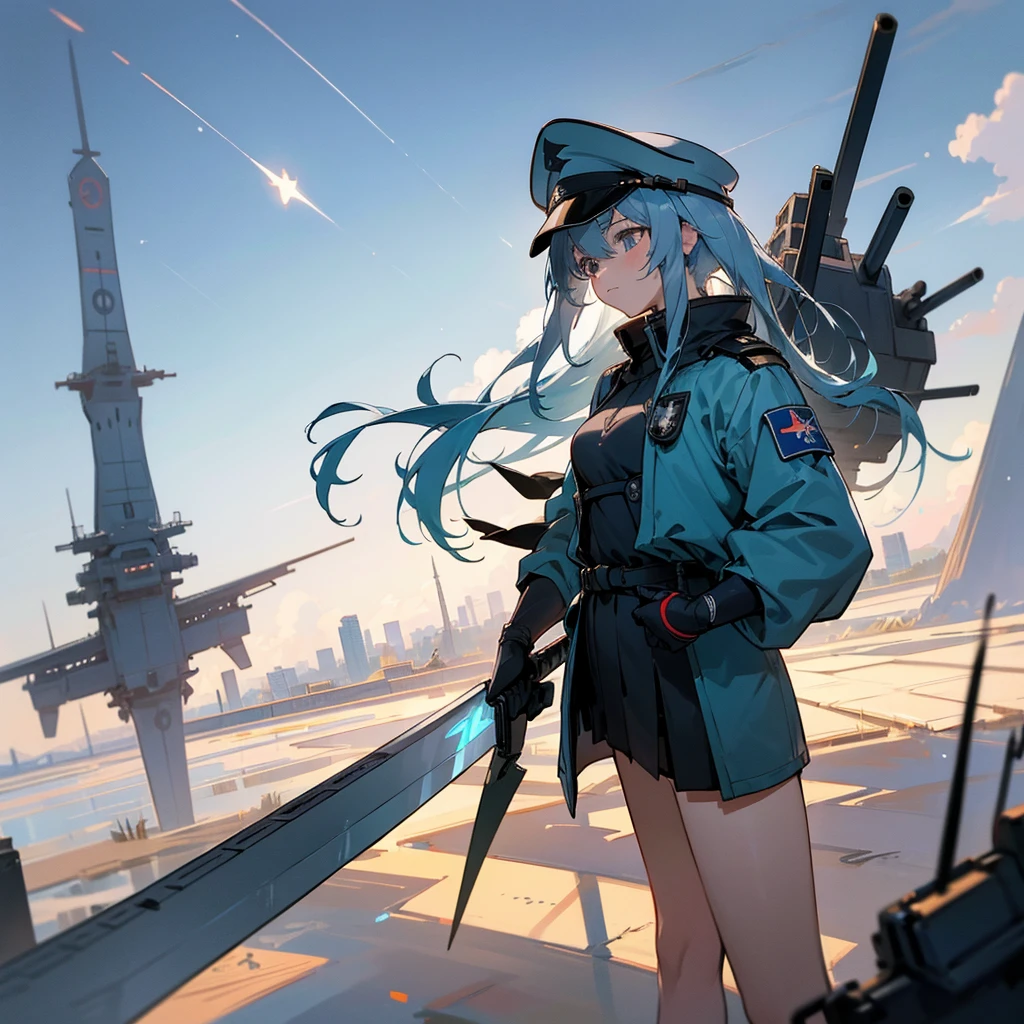 Faded blue hair　{Blue Noah from Space Battleship Yamato}  girl　military cap(white) whiteと黒の軍服　Endless city background　sunny　cool　tall　Warrior　Body left、The face is facing forward　Carrying the equipment　He holds a long sword in his left hand　Near future　B Cup　There are two shooting stars　night　night景　Beautiful city　An elevated bridge runs through the middle。　girlにクローズアップ　Highest quality　Ultra-precision　The right eye is red、Left eye is blue　左目は青whiteく発光しています　With airplane wings on his back。　Personification of flying machine　{Boeing 747} 