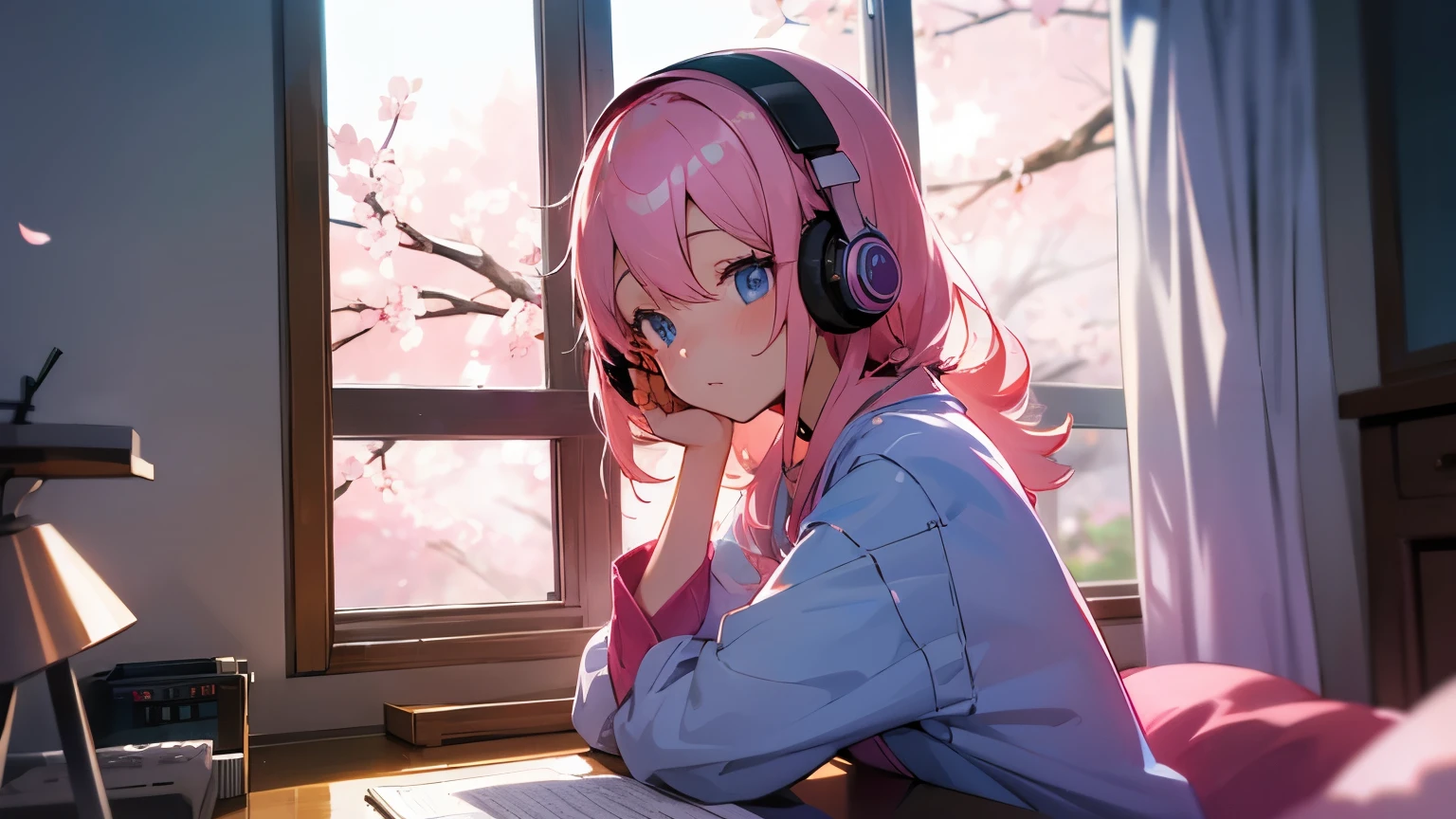 Beautiful girl studying in her room while listening to music with headphones Warm lighting Outside the room, cherry blossoms are blooming Japanese anime style